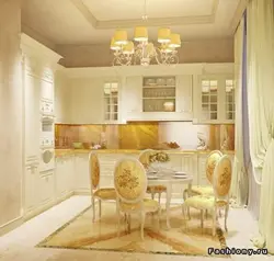 Kitchen with gold wallpaper photo