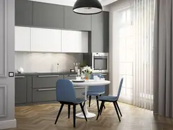 Gray kitchen with blue chairs photo