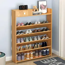 Wooden shoe rack in the hallway photo