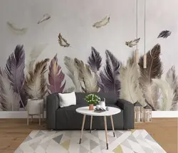 Обои с перьями в интерьере гостиной фото