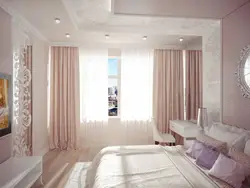 Пудровые шторы в интерьере спальни