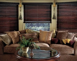 Wooden blinds in the living room interior