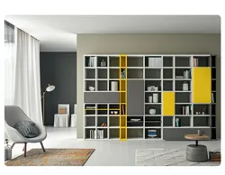 Open shelving in the living room interior