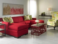Crimson sofa in the living room interior