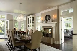 Interior of living room dining room with fireplace