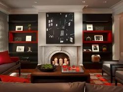 Living room interior with red fireplace