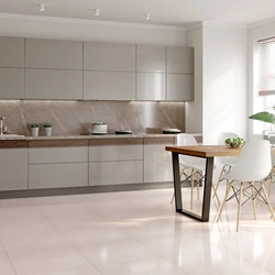 Beige porcelain tiles in the kitchen interior