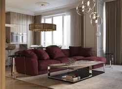 Burgundy sofa in the kitchen interior