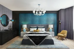 Серо синяя кровать в интерьере спальни