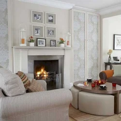Living room interior with fireplace and paintings