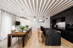 Slatted wall panels in the kitchen interior