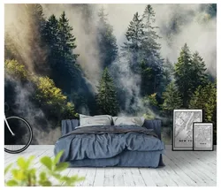 Yataq otağının interyerindəki dumanda meşə divar kağızı