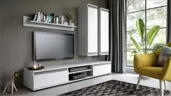White TV stand in the living room interior