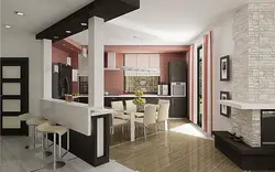 Дизайн гостиной с кухней и столб