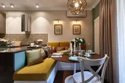 Kitchen living room design with sofa and chairs