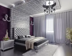 Дизайн спальни с белыми обоями и серыми шторами
