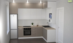 Kitchen design with left corner and refrigerator by the window