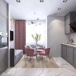 Kitchen with access to the balcony design with sofa and TV