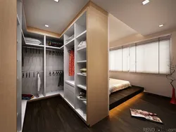 Дизайн узкой спальни с гардеробной