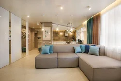 Дизайн кухни гостиной с угловым диваном