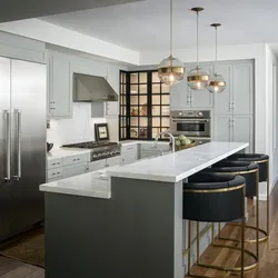 Gray kitchen design with breakfast bar