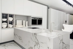 White Kitchen Design With Marble Countertops