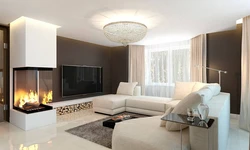 Living room design with corner sofa and fireplace