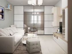 Living room design with sofa and wardrobe