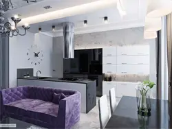 Белая кухня черный диван фото