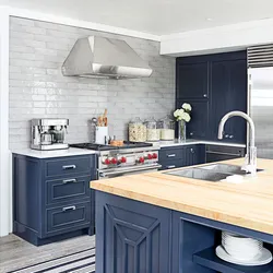 Blue kitchen gray countertop photo