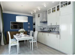 Photo white kitchen blue walls