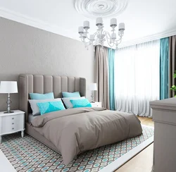 Curtains for turquoise wallpaper in the bedroom photo