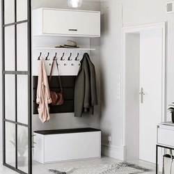 Narrow wardrobe in the hallway with a shoe rack and a hanger photo