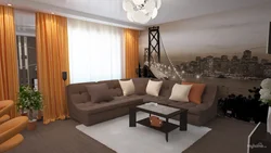 Интерьер гостиной с кофейным диваном