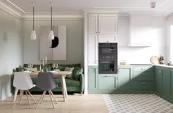 Gray green living room kitchen interior