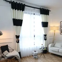 Black and white living room interior curtains