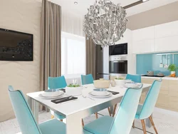 Gray kitchen interior with turquoise curtains