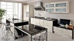 Dark table in the interior of a light kitchen