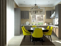 Green chairs in the interior of a gray kitchen