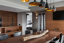 Kitchen living room gray with wood in the interior