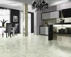 Marble-effect porcelain tiles in the living room kitchen interior