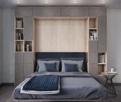 Bedroom design with built-in wardrobe and bed