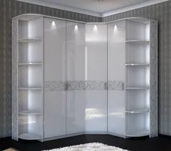 Photo of corner cabinets in the living room with a mirror