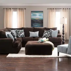 Dark sofa in the interior of a bright living room