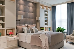 Beige bed in the bedroom interior