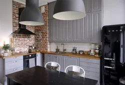 Gray brick in the kitchen interior