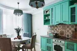 Kitchen interior with turquoise curtains photo