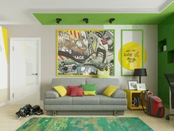 Интерьер зеленой гостиной с желтым фото