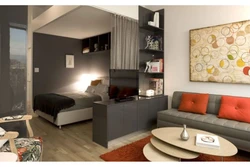 Дизайн студии с кроватью и диваном и кухней