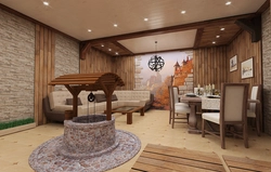 Bathhouse interior relaxation room with kitchen